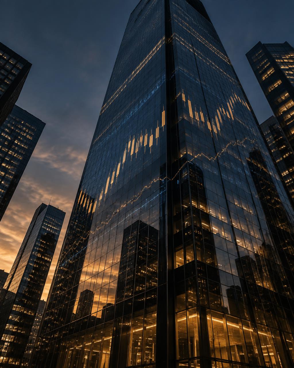 Glass financial district tower at dusk, its facade lit with faint stock market chart reflections