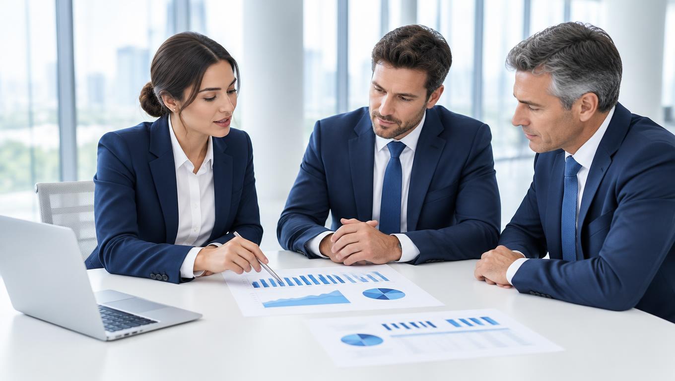 Three professionals in an office reviewing printed financial charts together